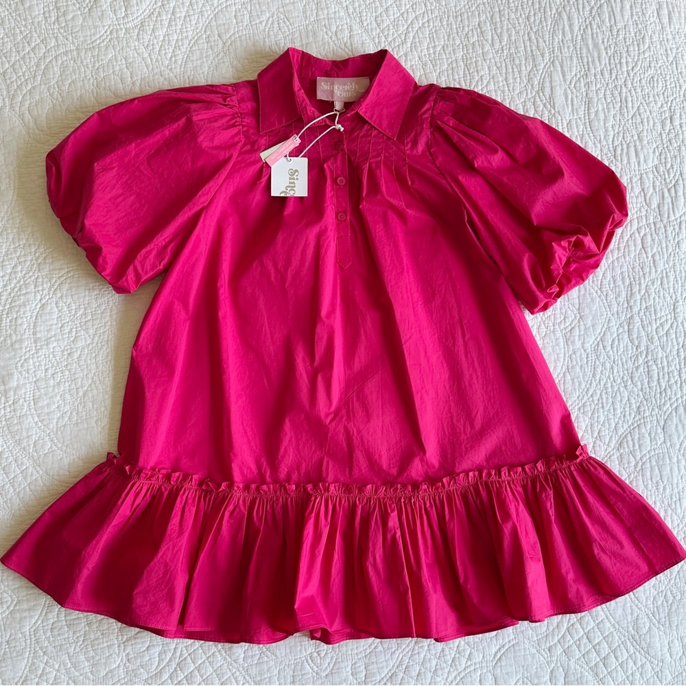 NWT Sincerely Ours Button Front Pink Fuschia Mini Dress Sz S Ruffle Puff Sleeve